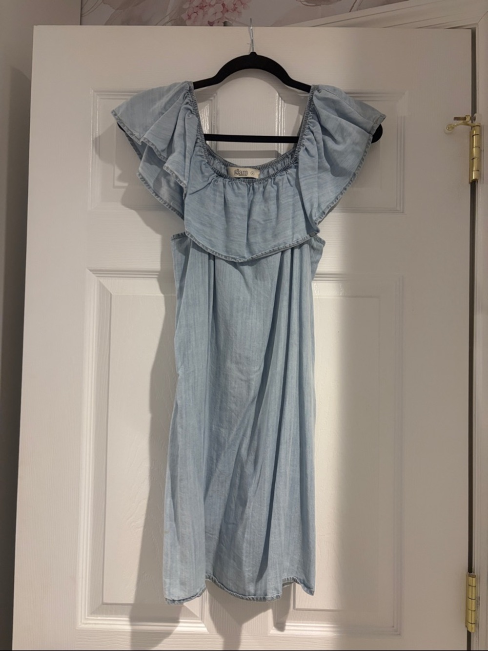 glam Light Blue Ruffled Off-Shoulder Dress